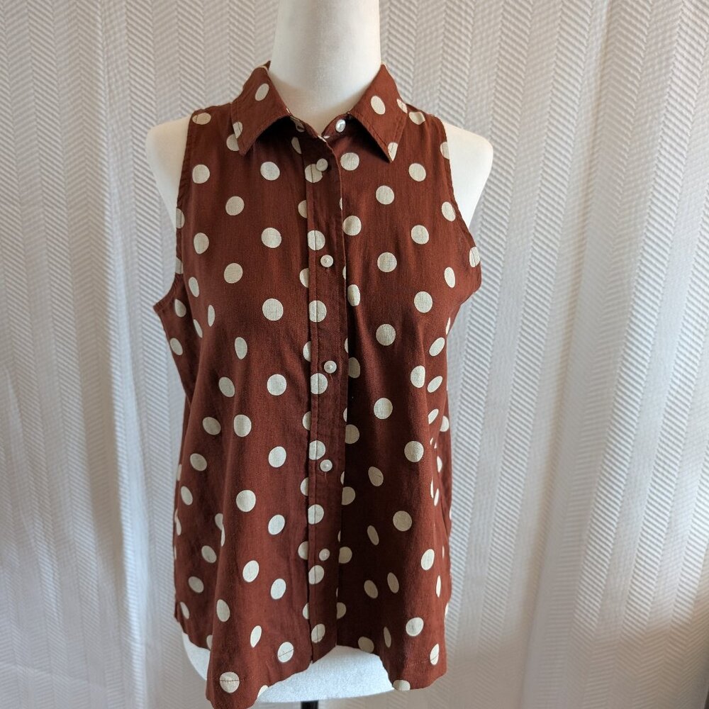 GAP Brown Polka Dot Sleeveless Linen Blend Shirt Button Down Size XS Classic